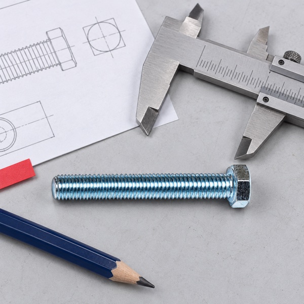 Hex set bolt with a vernier caliper and dimension sketch