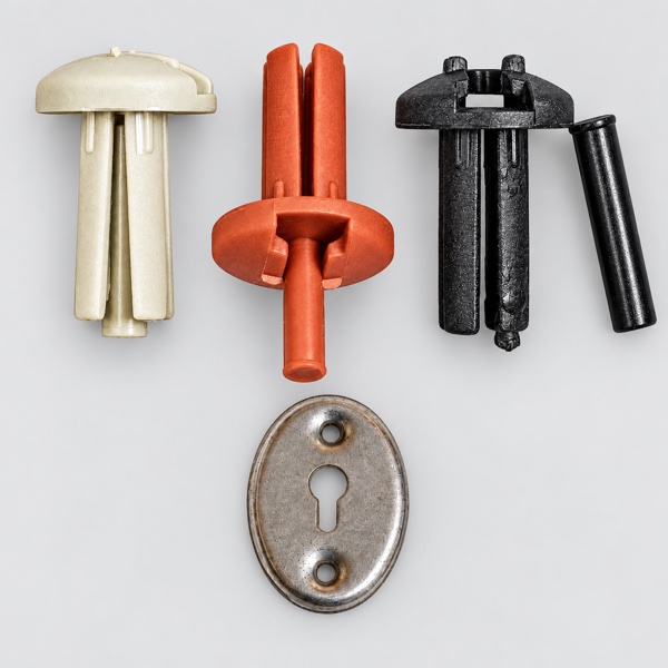 Beige, terracotta and black nylon anchors with a keyhole plate