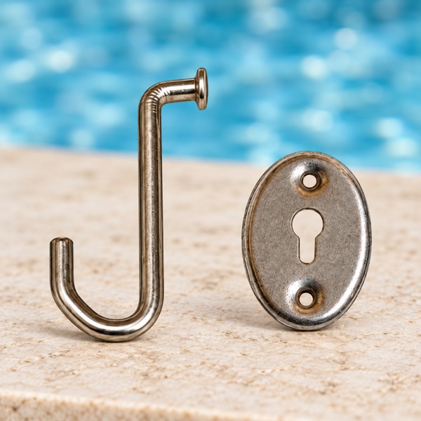 Round-rod pool hook and oval keyhole pool plate