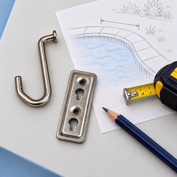 Pool hook and keyhole plate beside an installation sketch