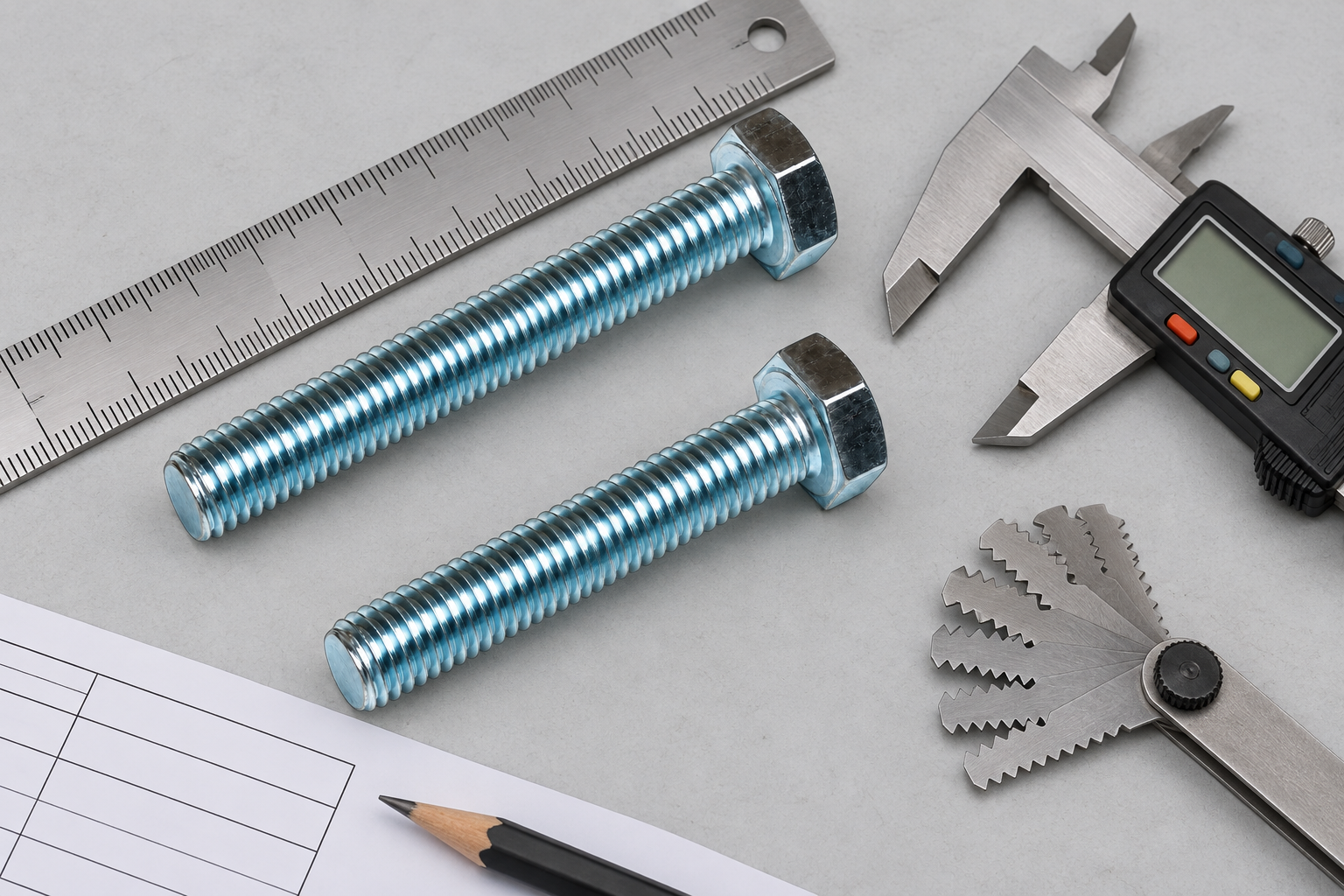 Fastener dimensions measured with calipers and a thread gauge