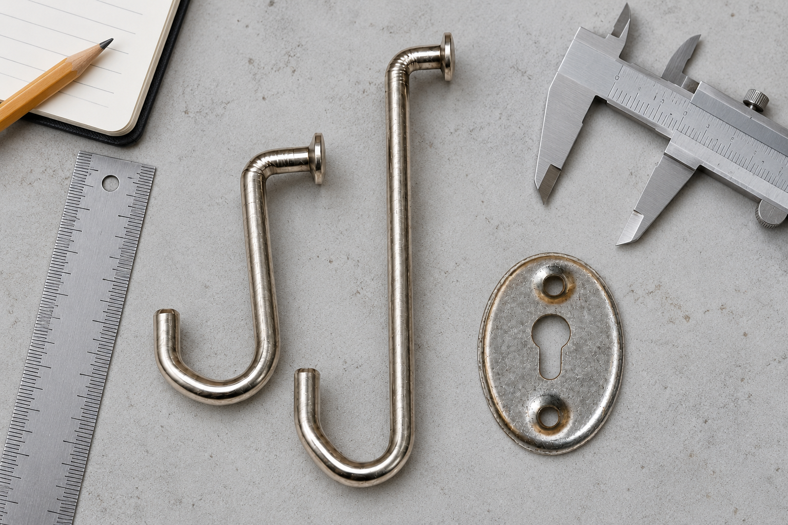 Pool hooks and anchor plate alongside measuring tools
