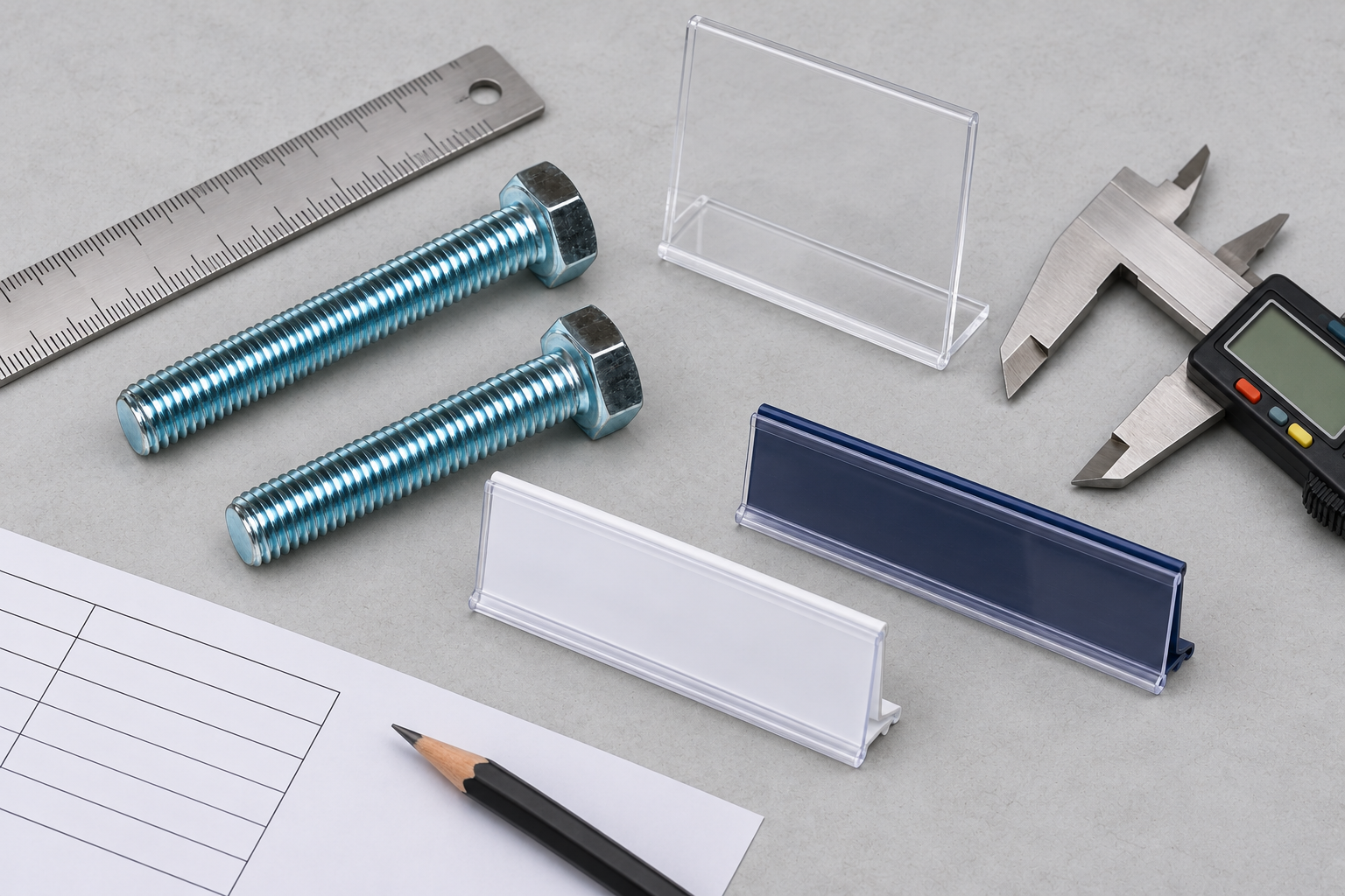 Price strip, fasteners and measuring tools for preparing a product brief