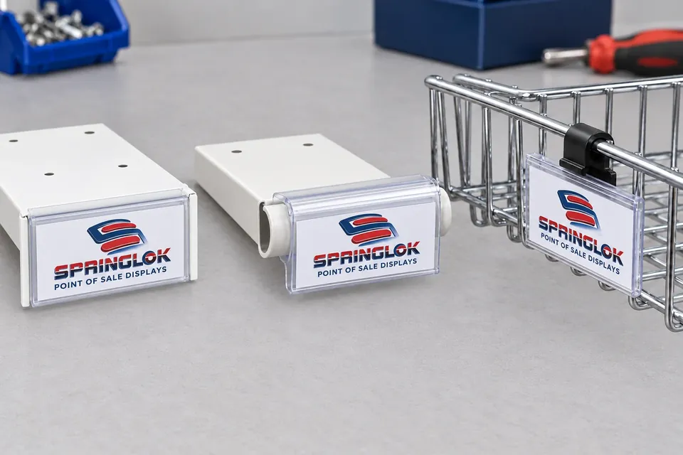Flat shelf face, rolled shelf lip and wire basket with three different price-holder fixings