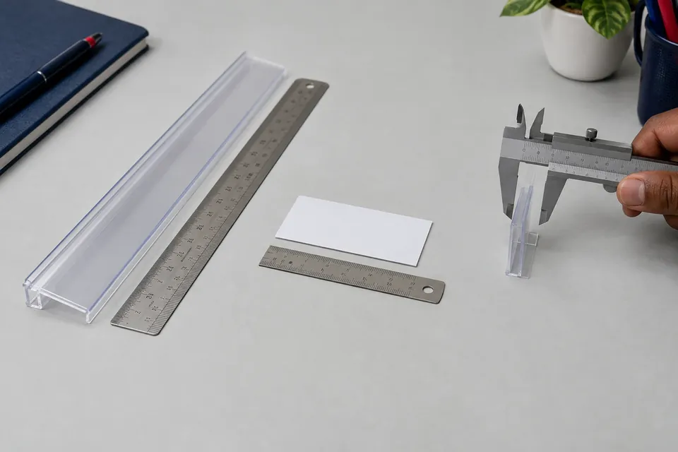 Long clear label strip alongside a steel ruler