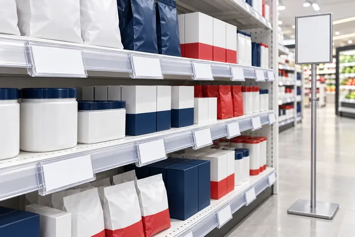 retail display application with shelf labels and a sign stand