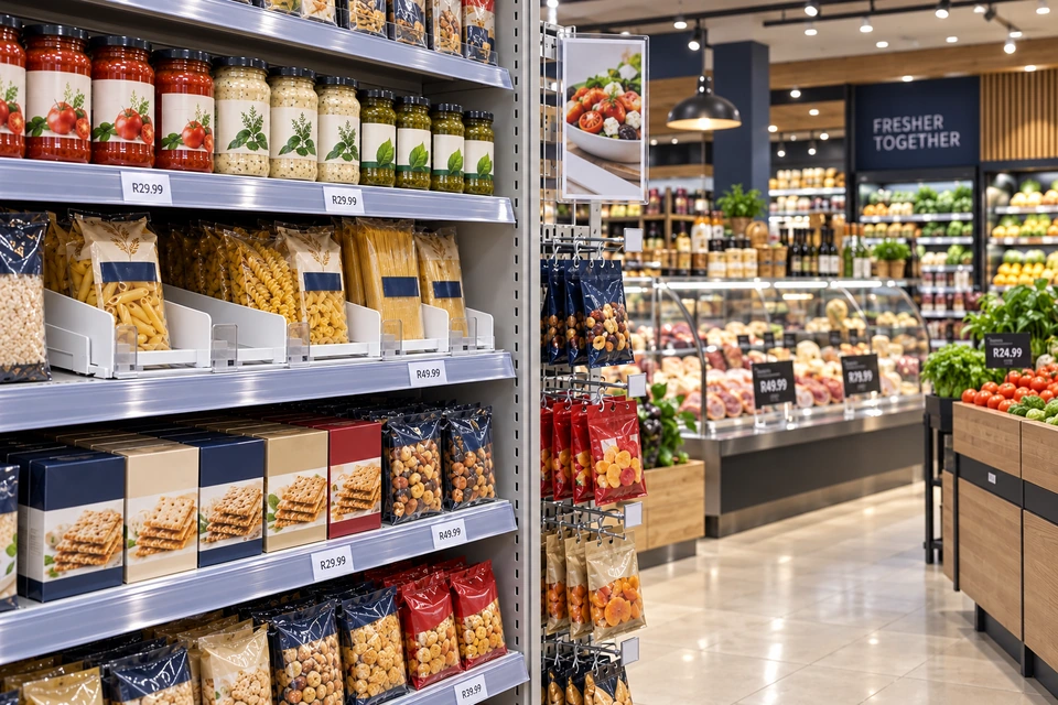 Shelf-edge price strips, a sign frame and merchandising pegs in a grocery store