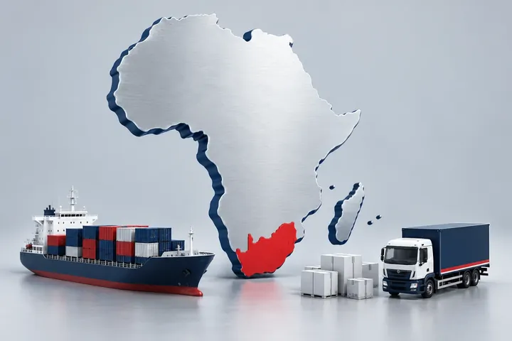 South Africa highlighted on a map of Africa with delivery truck and cargo ship