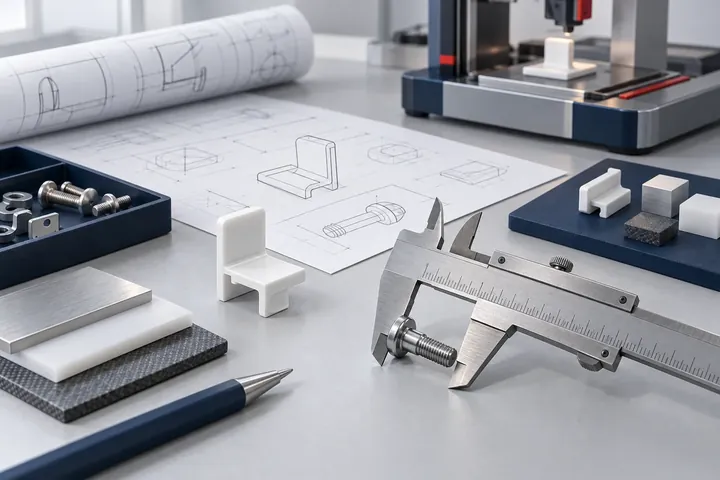 Technical drawings, material samples and prototype parts for reviewing a development approach