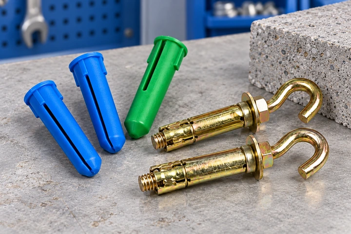 Loose sleeve anchors and plastic wall plugs beside a masonry sample