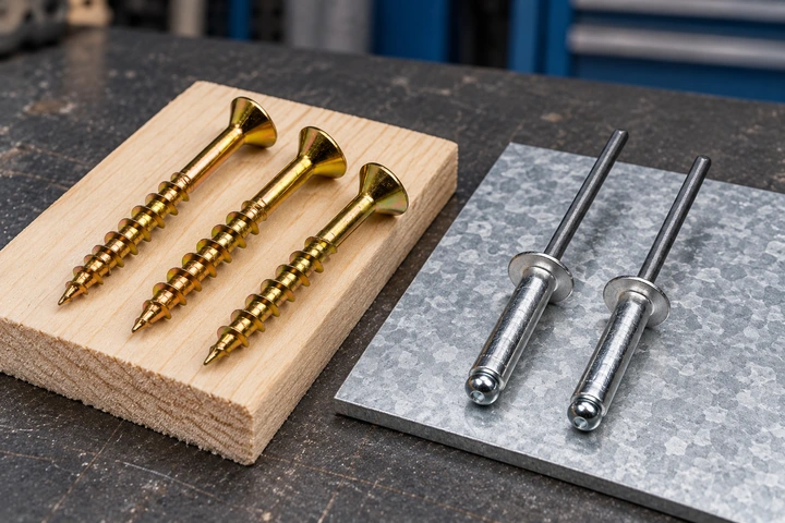 Wood screws on timber and blind rivets beside a sheet metal sample