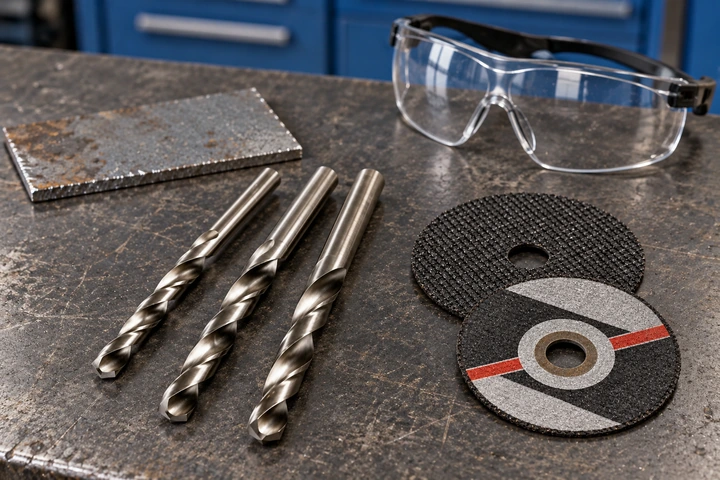 Twist drill bits and abrasive cutting discs laid out before workshop preparation