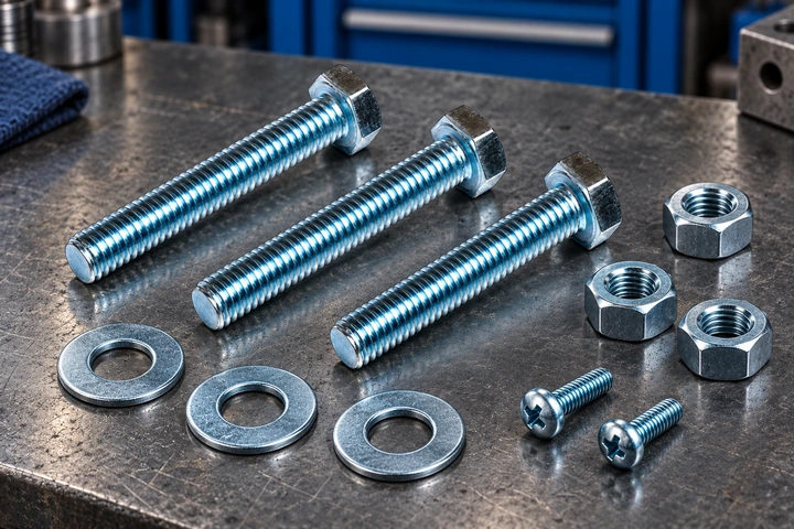 Loose hex-head bolts, nuts, washers and screws selected on an industrial workshop bench