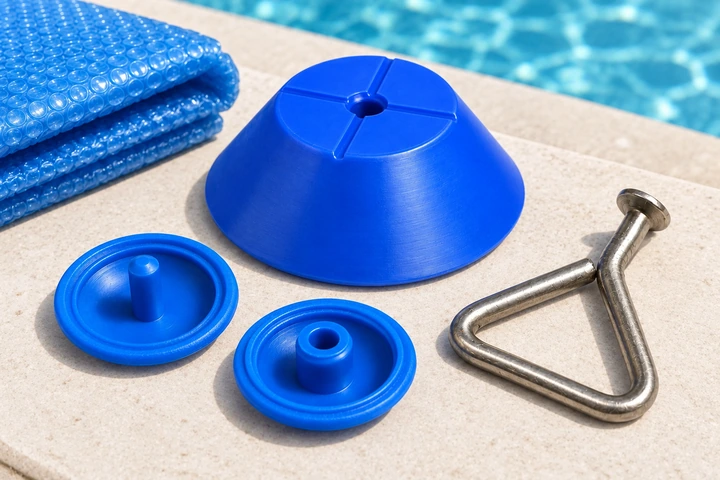 Loose blanket clips, a pool float and a cover hook beside a folded pool blanket