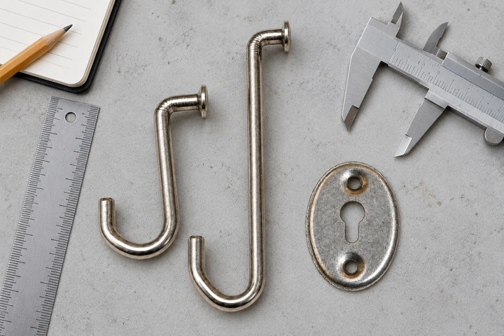 Loose pool hooks and a pool plate with tools for checking component dimensions