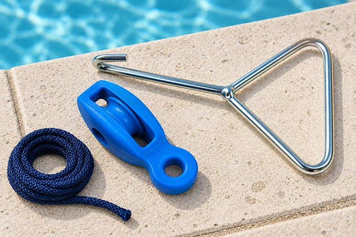 A nylon pulley and triangular-handled pool net puller lying loose beside coiled rope