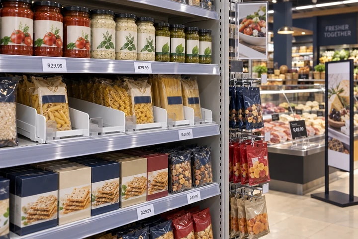 Point-of-sale components in a grocery store: shelf-edge price strips, divider lanes, peg hooks, sign frames and deli card holders
