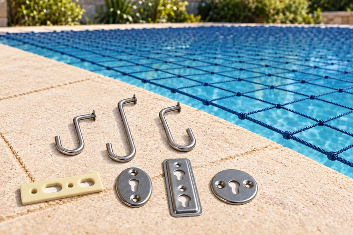 Three Springlok catalogue J-hooks and four pool plate forms displayed loose beside a pool net; no fitted connection is shown