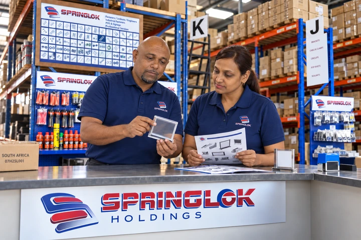 Springlok colleagues discussing a product sample at the Springlok Holdings trade counter