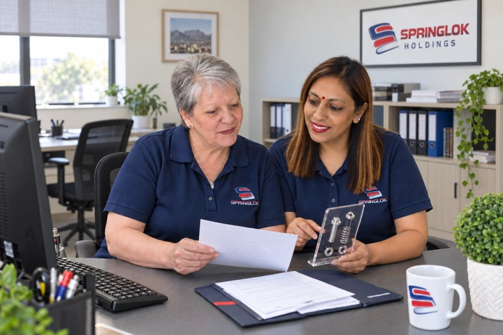 Springlok colleagues reviewing paperwork and a product sample to confirm the next step