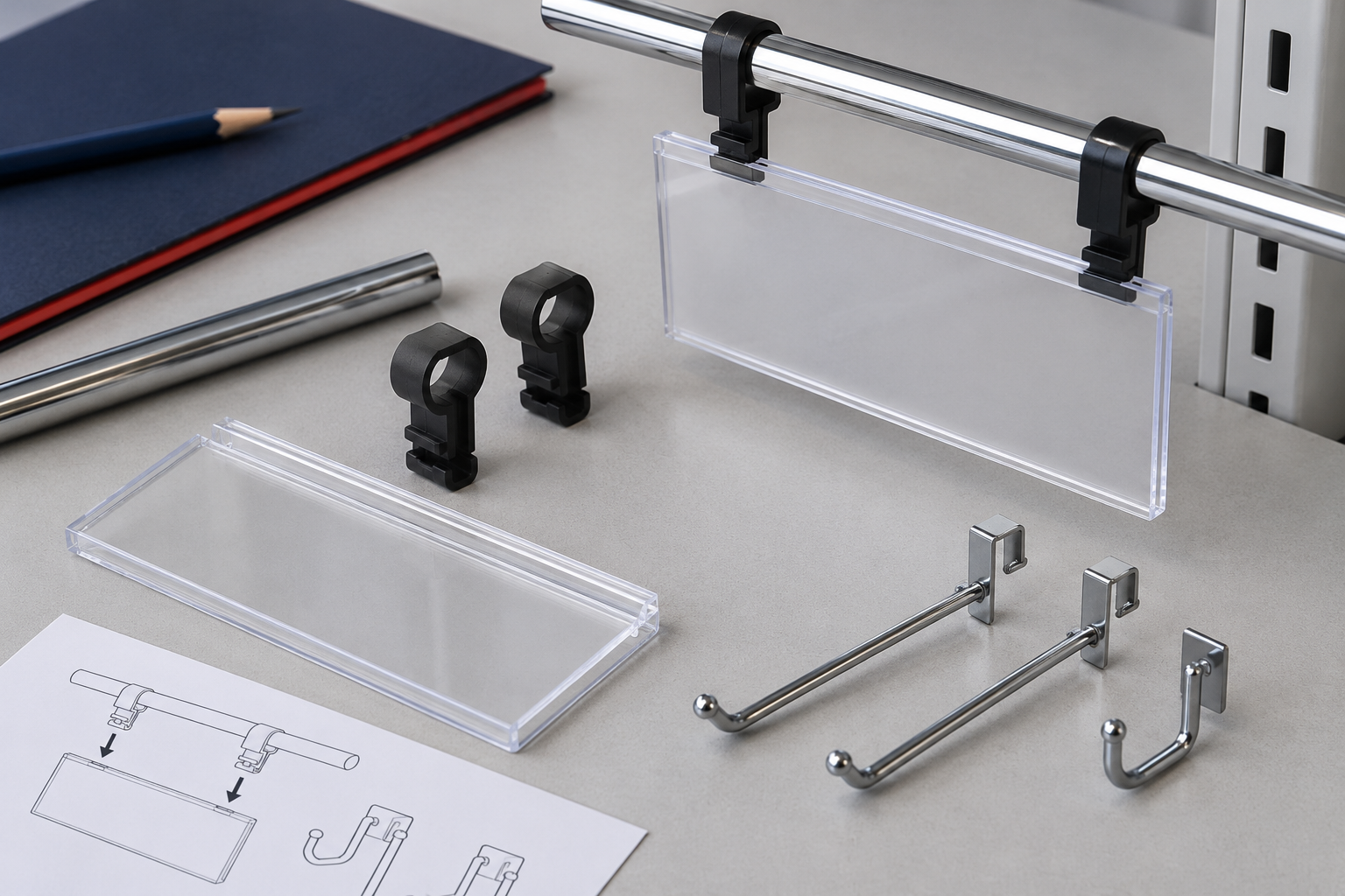 Sign holder, clips and hanging fittings arranged with an assembly sketch